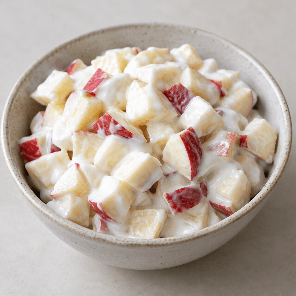 Small diced apple pieces, some with red peel, are coated in thick white yogurt and served in a shallow bowl.