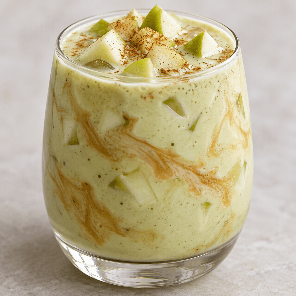 A creamy, pale-green kefir drink with apple pieces and faint tea-colored swirls, served in a clear glass.