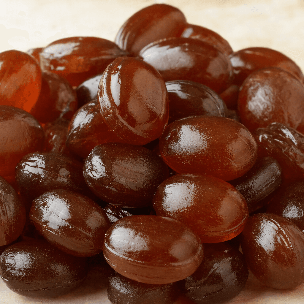 Glossy, translucent deep-brown hard candies with smooth, rounded oval shapes.