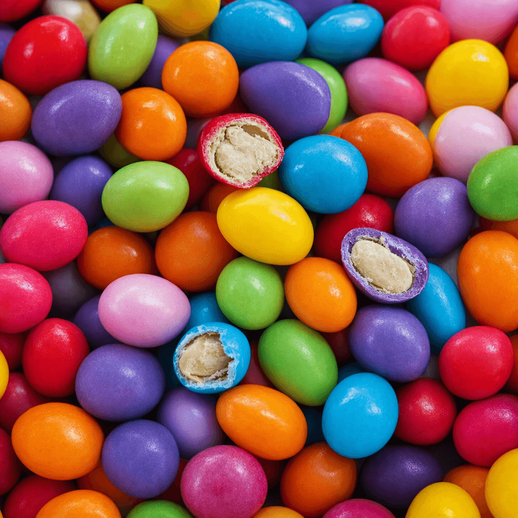 Small, smooth, glossy oval candies in assorted bright colours are scattered together, with a few showing pale centres where they are broken.
