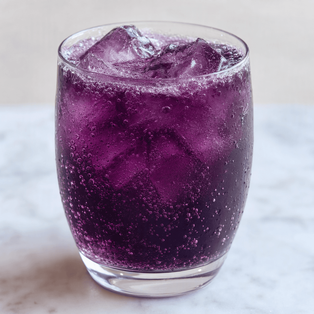 A deep purple, slightly translucent fizzy drink with fine bubbles, served chilled in a clear glass.