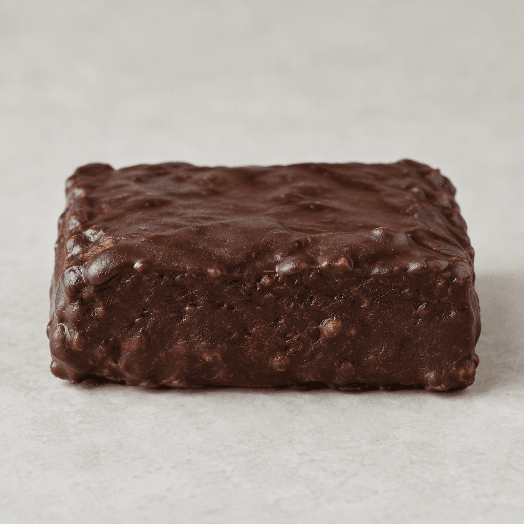 A compact, rectangular bar coated in dark brown chocolate, with slightly uneven edges and a dense, subtly textured surface, shown whole.