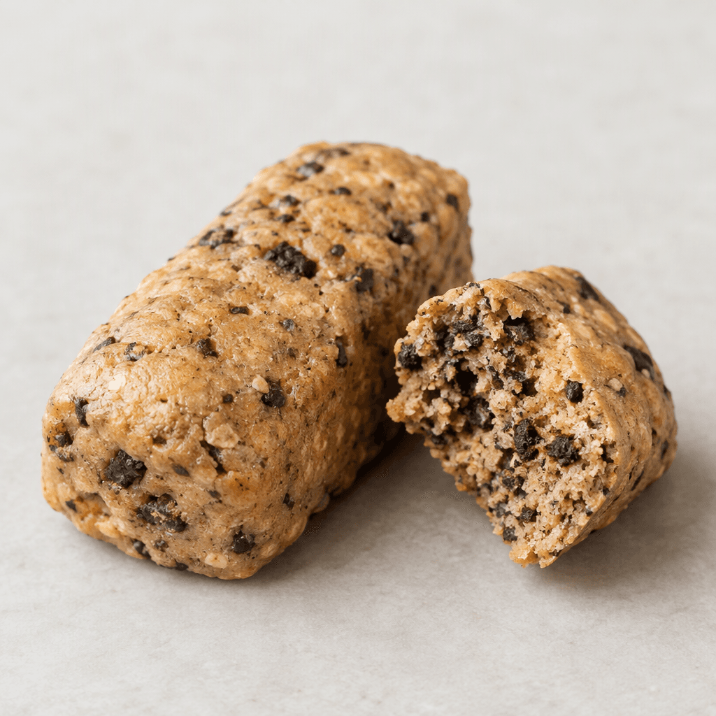 A compact, slightly rounded rectangular bar with a light brown, uneven surface dotted with small darker cookie pieces, shown whole beside a broken section with a dense, speckled interior.