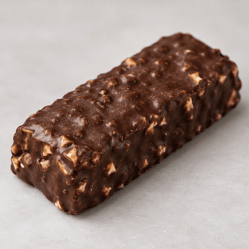 A compact rectangular bar with a dark brown chocolate coating, a slightly uneven surface, and a few small pale crunchy pieces visible along its edges.