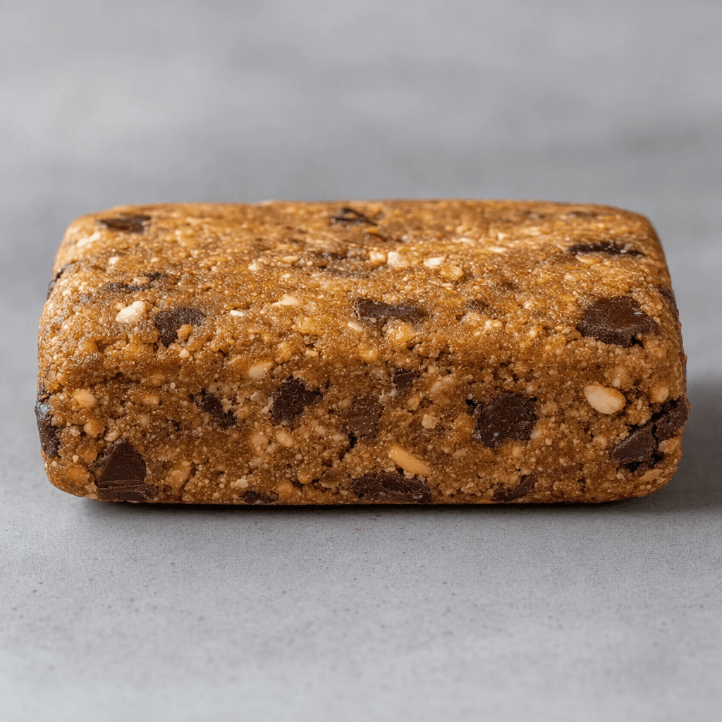 A short, thick rectangular protein bar with rounded corners, a golden-brown, slightly rough surface, visible dark chocolate pieces and pale nut or cereal bits, shown whole on a plain surface.