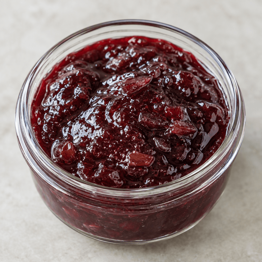 Glossy deep burgundy-purple plum jam with a thick, spreadable texture and small visible pieces of softened plum, spooned into a small clear glass jar or bowl.