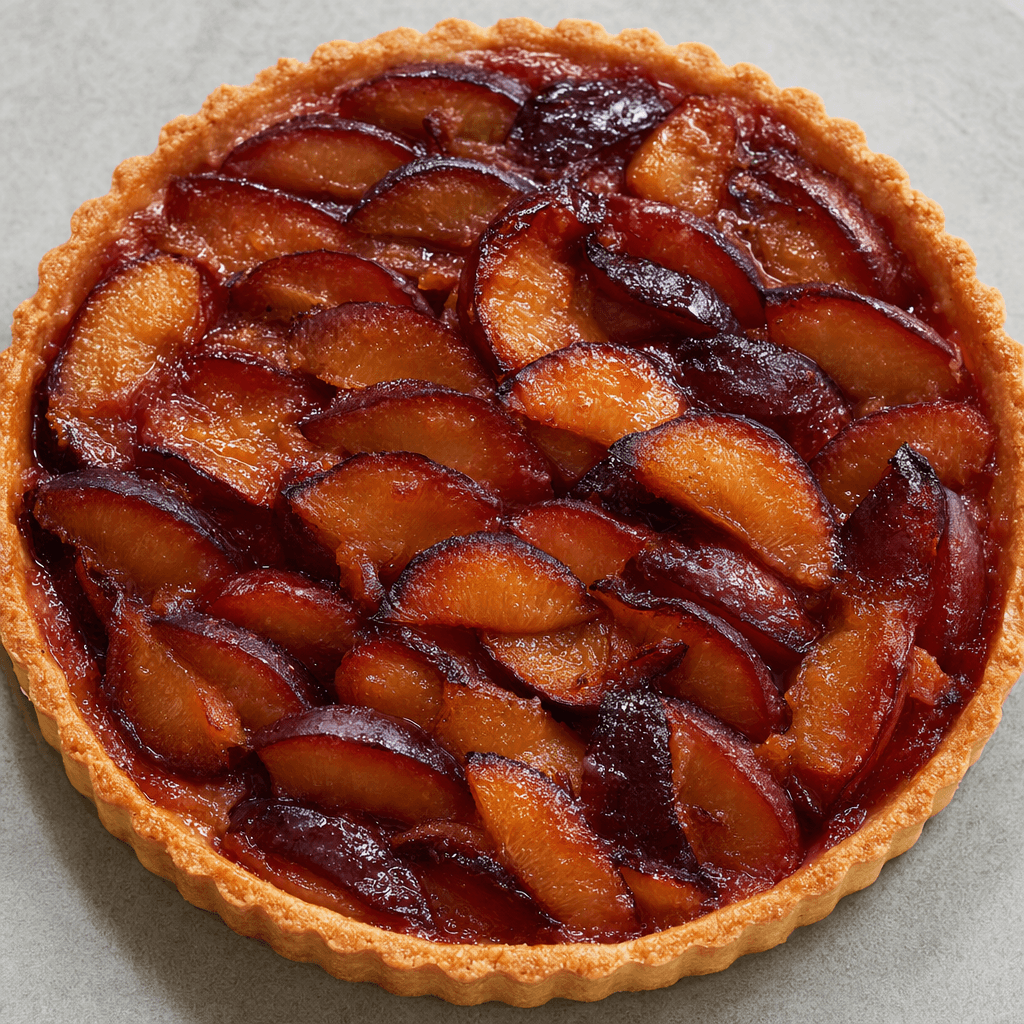A round tart with a golden, crumbly pastry crust holds overlapping slices of deep purple and red plums, their glossy skins and warm-colored flesh visible across the top.