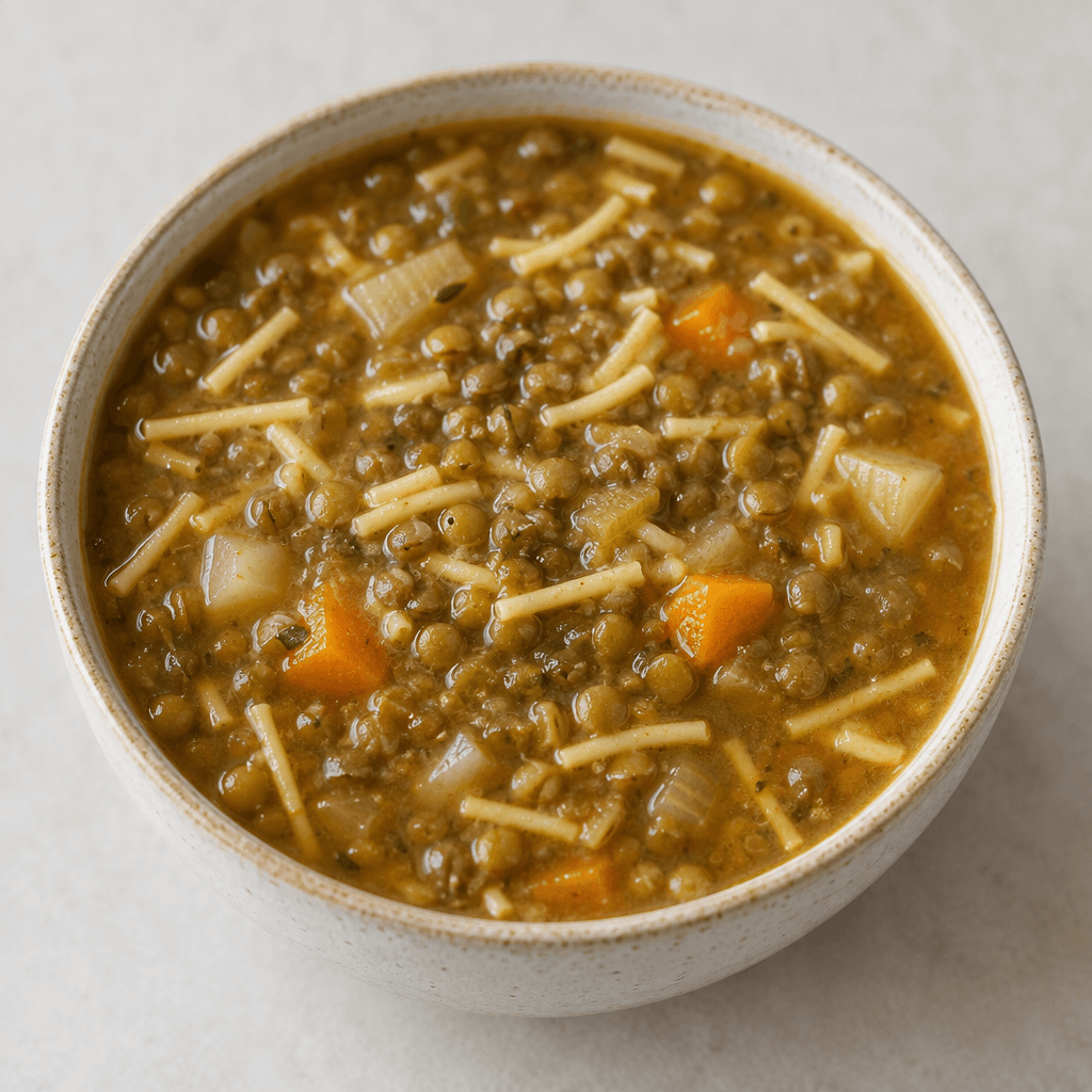 A bowl of green lentil soup with small green-brown lentils and short noodle pieces suspended in a thick, warm brown broth, with a few pale vegetable pieces visible throughout.