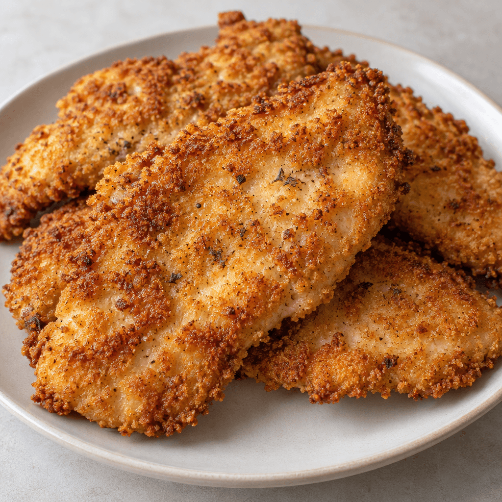 Several elongated, flat chicken fillets are covered in an uneven golden-brown crumb coating with a rough, crisp-looking surface.