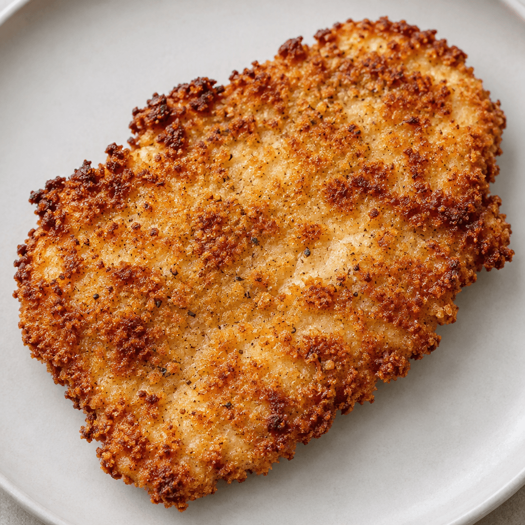 An elongated, flattened chicken fillet is covered in a coarse, golden-brown crumb coating with uneven edges and a few darker toasted patches.