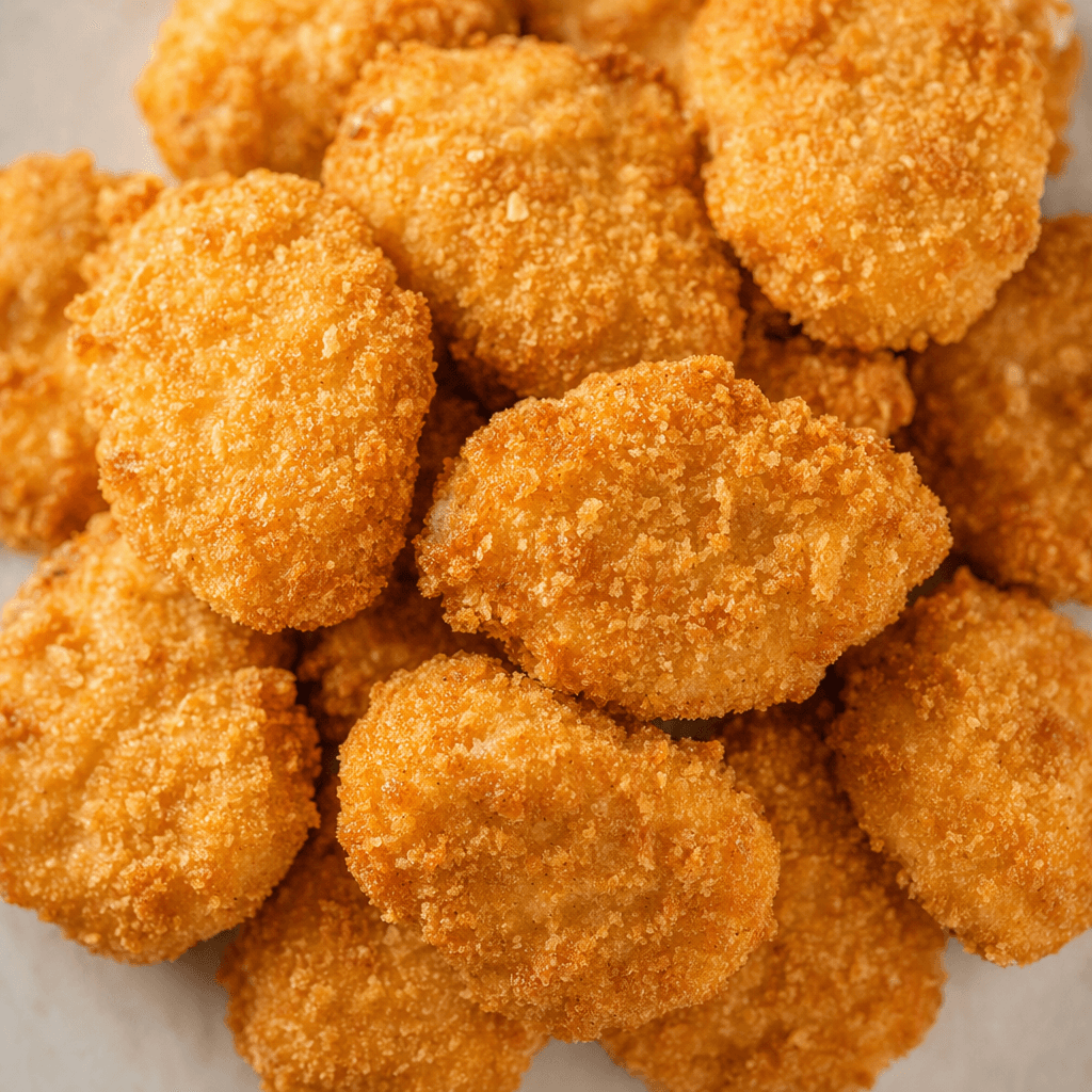 Bite-sized, irregular oval pieces of chicken are coated in an even layer of golden-brown crumbs with a coarse, crisp-looking texture.