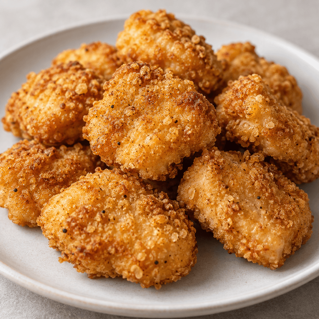 Small, bite-sized chicken pieces with irregular rounded rectangular shapes, coated in a coarse, crisp-looking crumb crust that ranges from golden yellow to light brown.