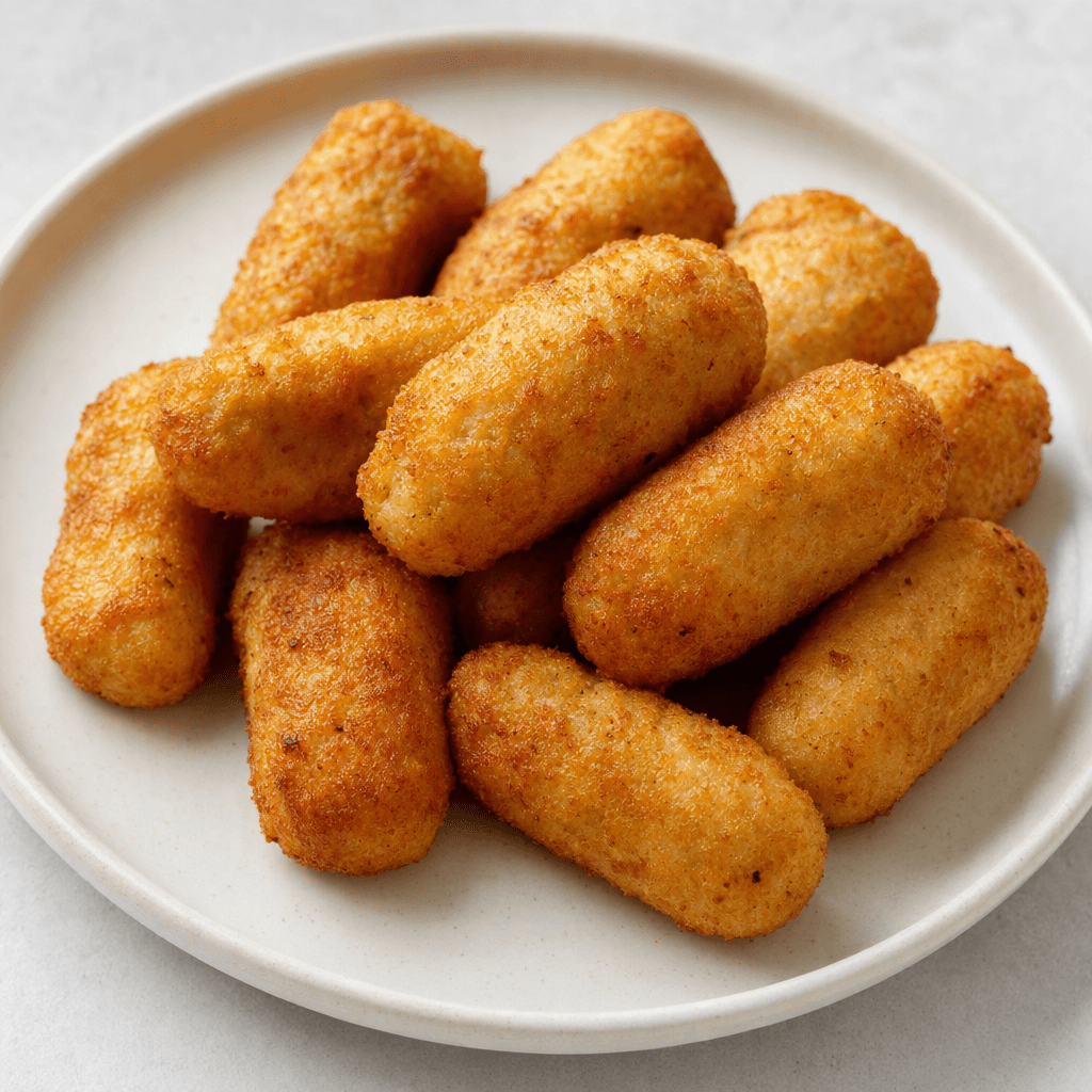 Several short, finger-shaped chicken patties with rounded ends, a golden-brown, lightly textured exterior and a compact shape are arranged on a plate.