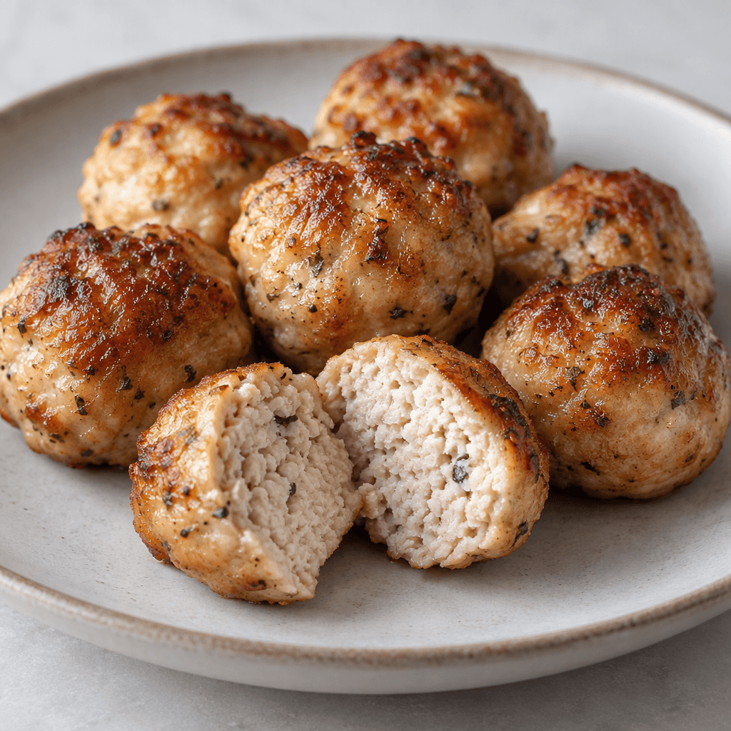 Several small, round chicken meatballs with lightly browned, uneven surfaces are arranged on a plate, with one cut open to show a pale, finely textured interior.