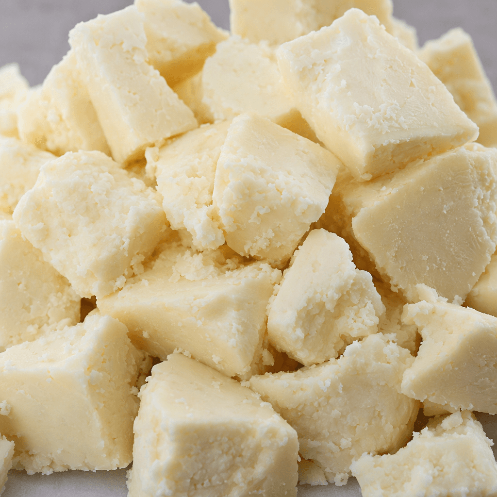 Irregular chunks of rindless Erzincan tulum cheese appear pale ivory, dense and crumbly, with a rough, uneven surface and small broken curds visible throughout.