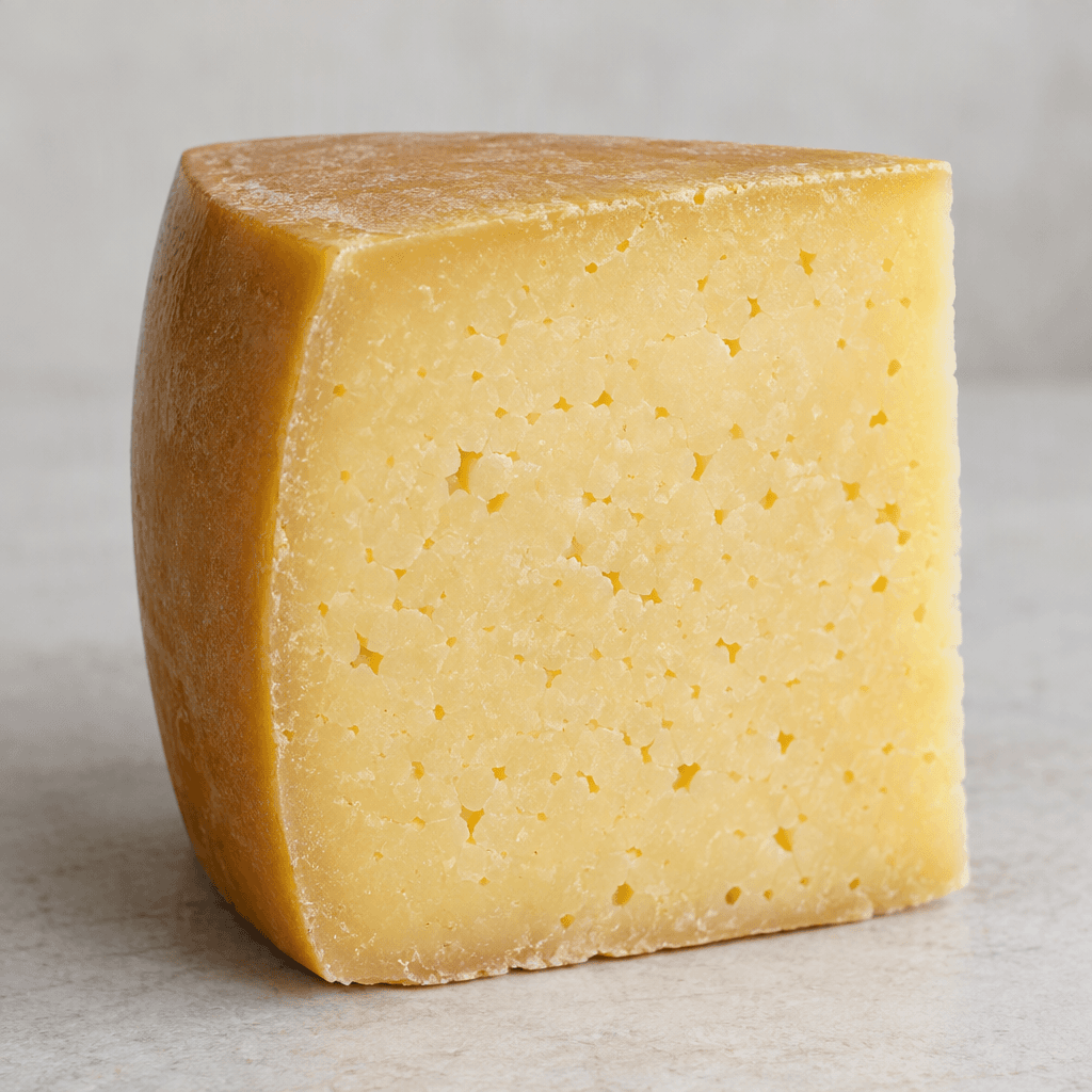 A firm, pale straw-yellow aged cheese is shown as a thick wedge with a smooth, slightly darker rind and a dense cut surface dotted with tiny irregular holes.