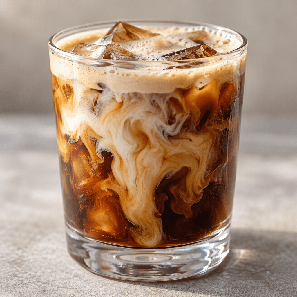 A clear glass holds a dark espresso-brown iced drink with visible ice cubes, pale oat milk swirling through it in soft streaks and a light foamy layer on top.