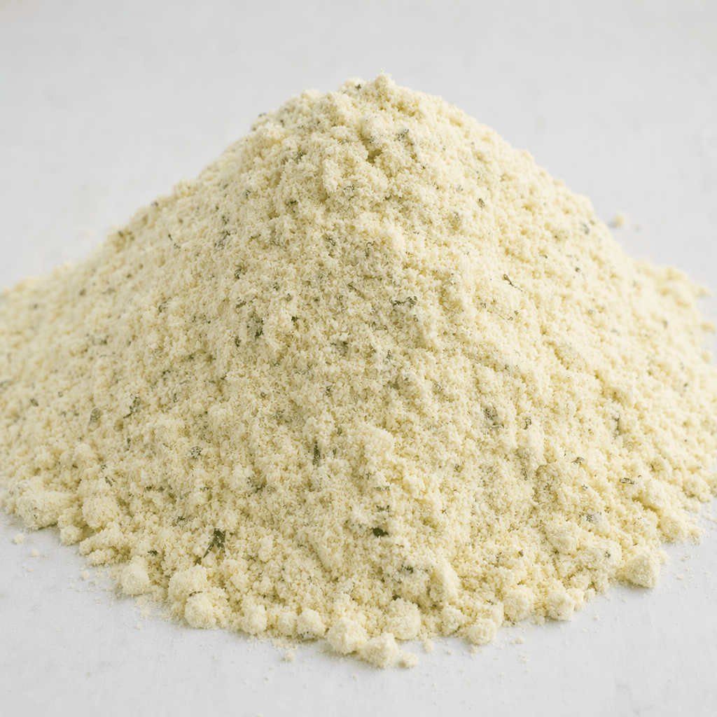 A mound of fine, pale cream-colored powder with a few tiny green flecks, loosely piled on a clean surface.
