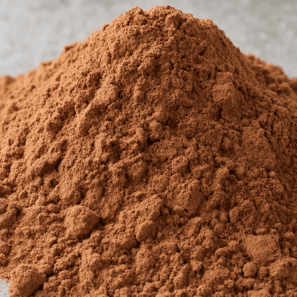A mound of fine, cocoa-brown protein powder with a soft, slightly clumpy texture.