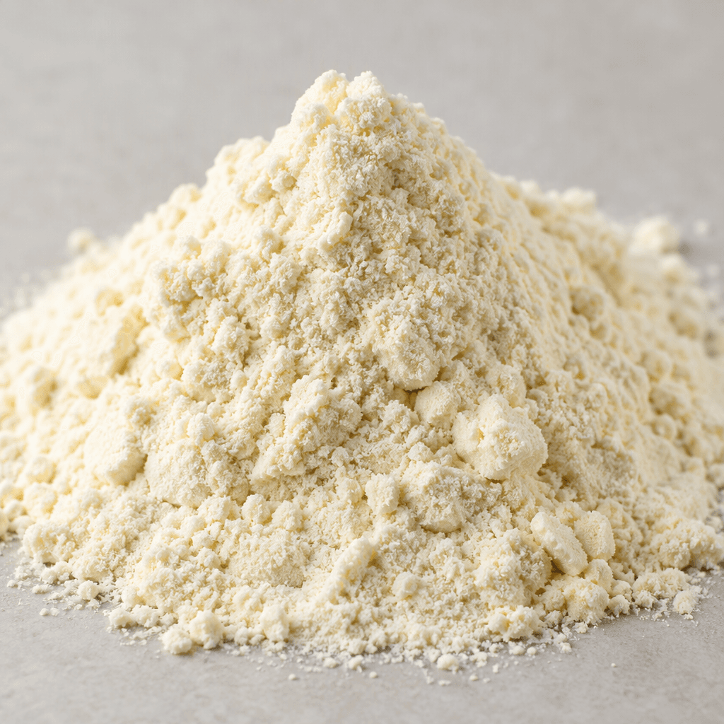 Yumuşak, hafif topaklı dokusuyla ince ve kuru, açık krem renkli vanilyalı protein tozu küçük bir yığın hâlinde duruyor.