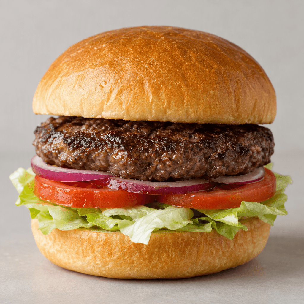 A round, thick beef patty with a dark brown seared surface sits inside a soft golden-brown bun, with pale lettuce, red tomato slices, and a few onion rings visible around the edges.