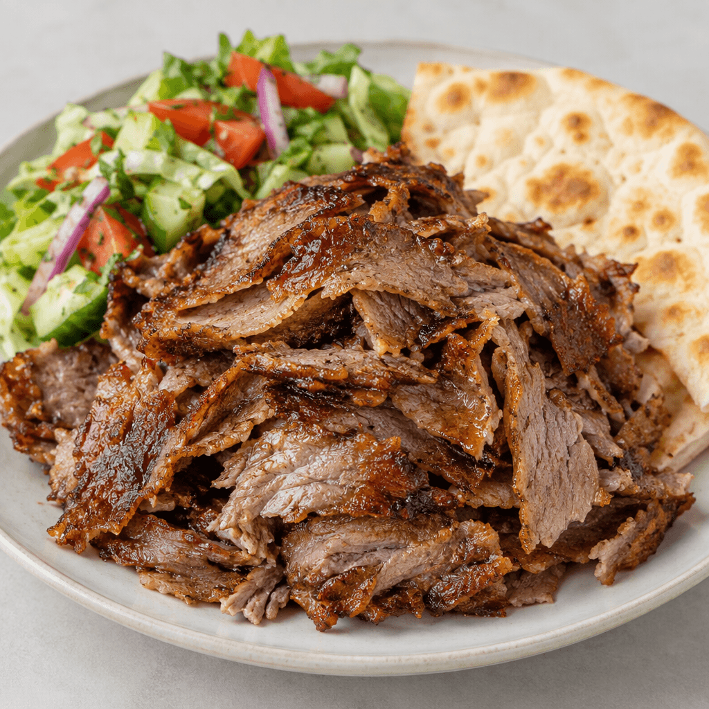 Thinly shaved beef döner forms a loose mound of brown and deep golden strips with darker crisp edges, visible layers of tender meat and a few glistening juices, served on a plate with chopped salad and pale flatbread alongside.