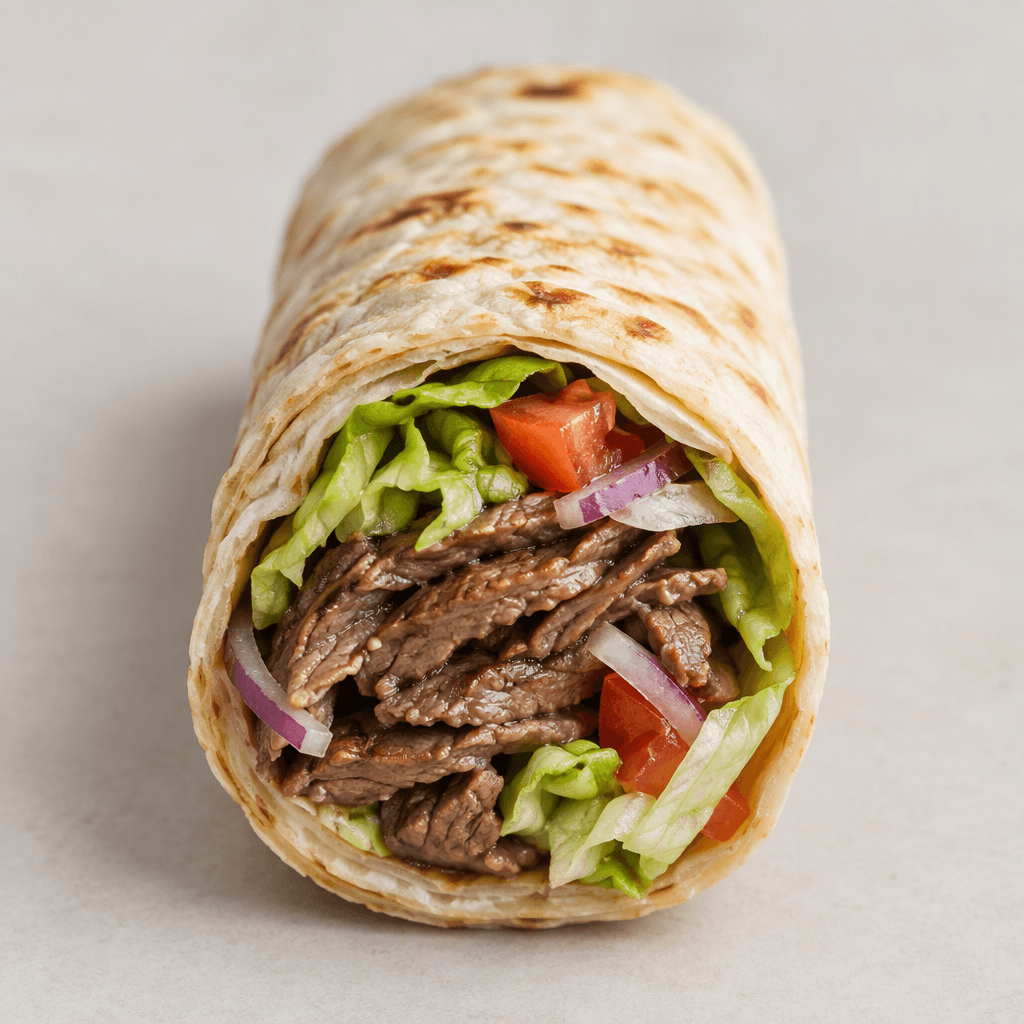 A soft, lightly toasted flatbread is rolled into a compact cylinder around thin, browned beef slices with pale-green lettuce, red tomato pieces and slivers of purple onion, with the layered filling visible at the open end.