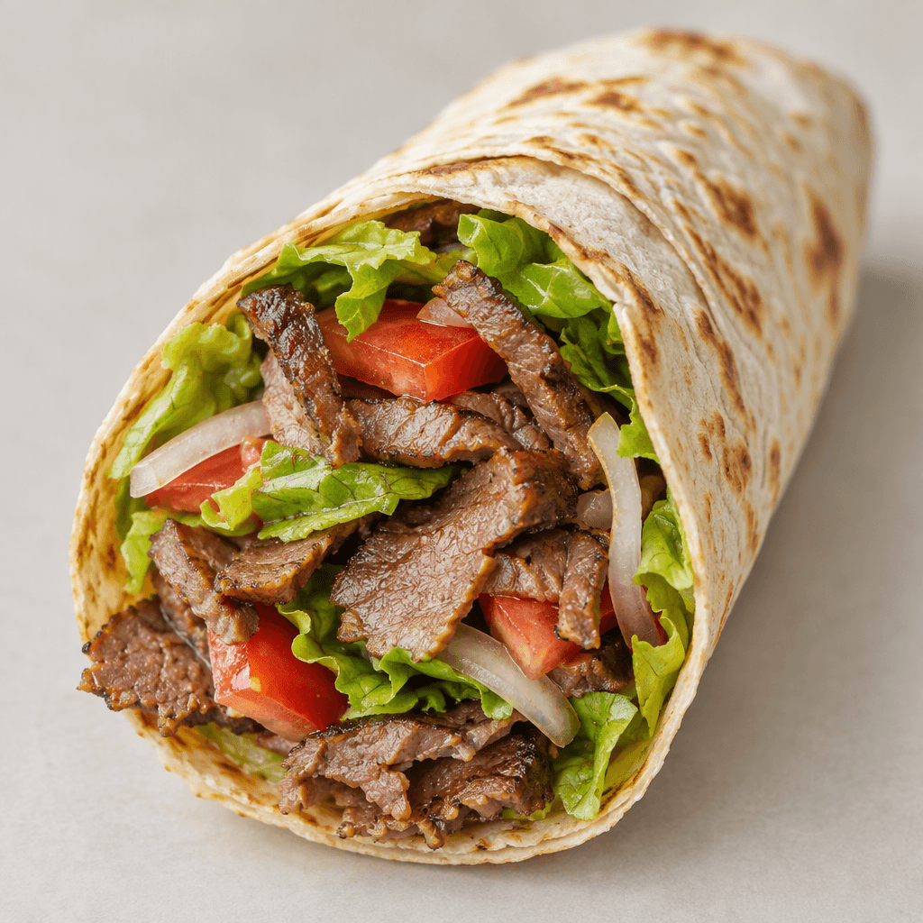 İnce dürüm ekmeğine sarılmış bu dürümün açık ucunda kızarmış, ince ve düzensiz kesilmiş dana döner dilimleri, kıtır marul, kırmızı domates parçaları ve açık renkli soğan görülür.