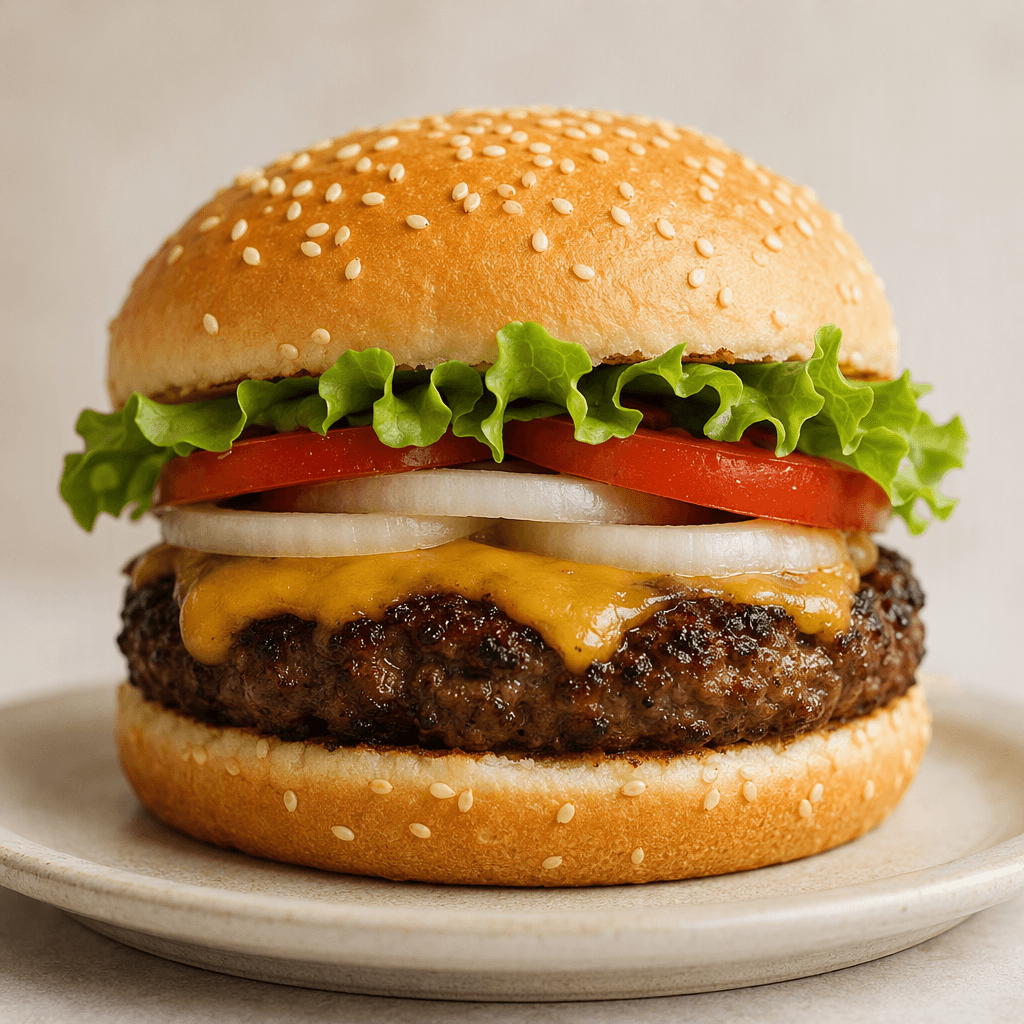A round sesame-seed bun holds a thick, dark-brown beef patty with melted yellow cheese, crisp green lettuce, red tomato slices, and pale onion rings visible between the halves, served on a plain plate.