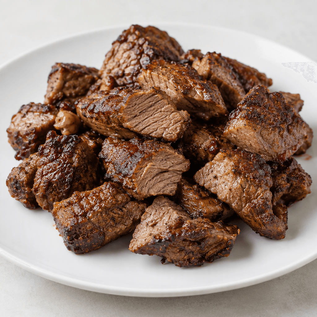Irregular bite-sized pieces of meat with deeply browned edges and a slightly crisp, uneven surface are piled on a plain plate, with tender-looking brown interiors visible where some pieces are cut or separated.