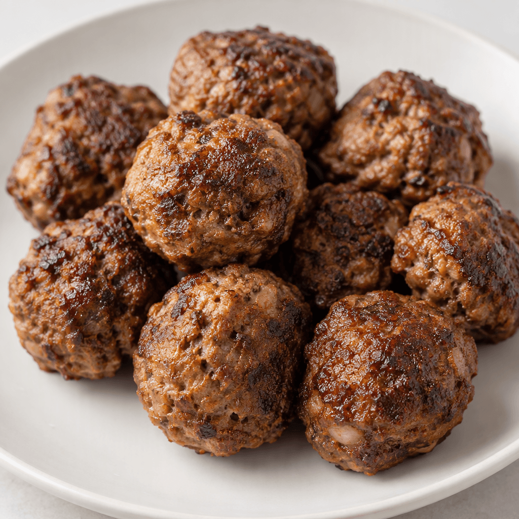 Several round beef meatballs with a deep brown, unevenly seared exterior, visible coarse texture and small cracks, arranged closely together on a plain plate.