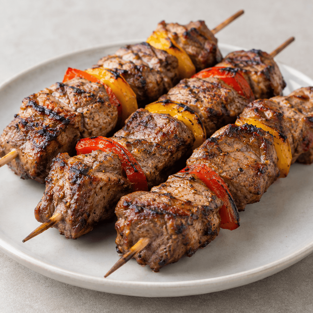 Chunks of meat with browned, slightly charred edges are threaded closely onto skewers and served on a plate, with a firm, juicy-looking surface and occasional strips of grilled pepper between the pieces.