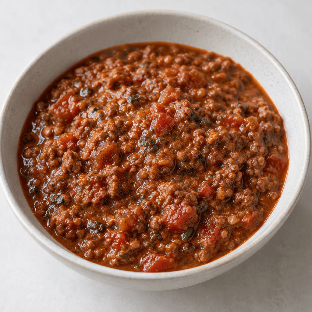 A thick, glossy reddish-brown sauce with small visible pieces of minced meat and tomato, flecks of herbs, and a slightly uneven texture, served in a shallow bowl.