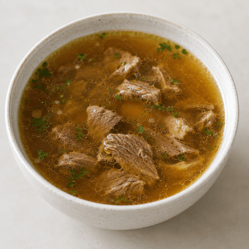 A bowl of clear amber-brown broth with small tender pieces of beef visible beneath the surface, served hot with a light sheen on top.