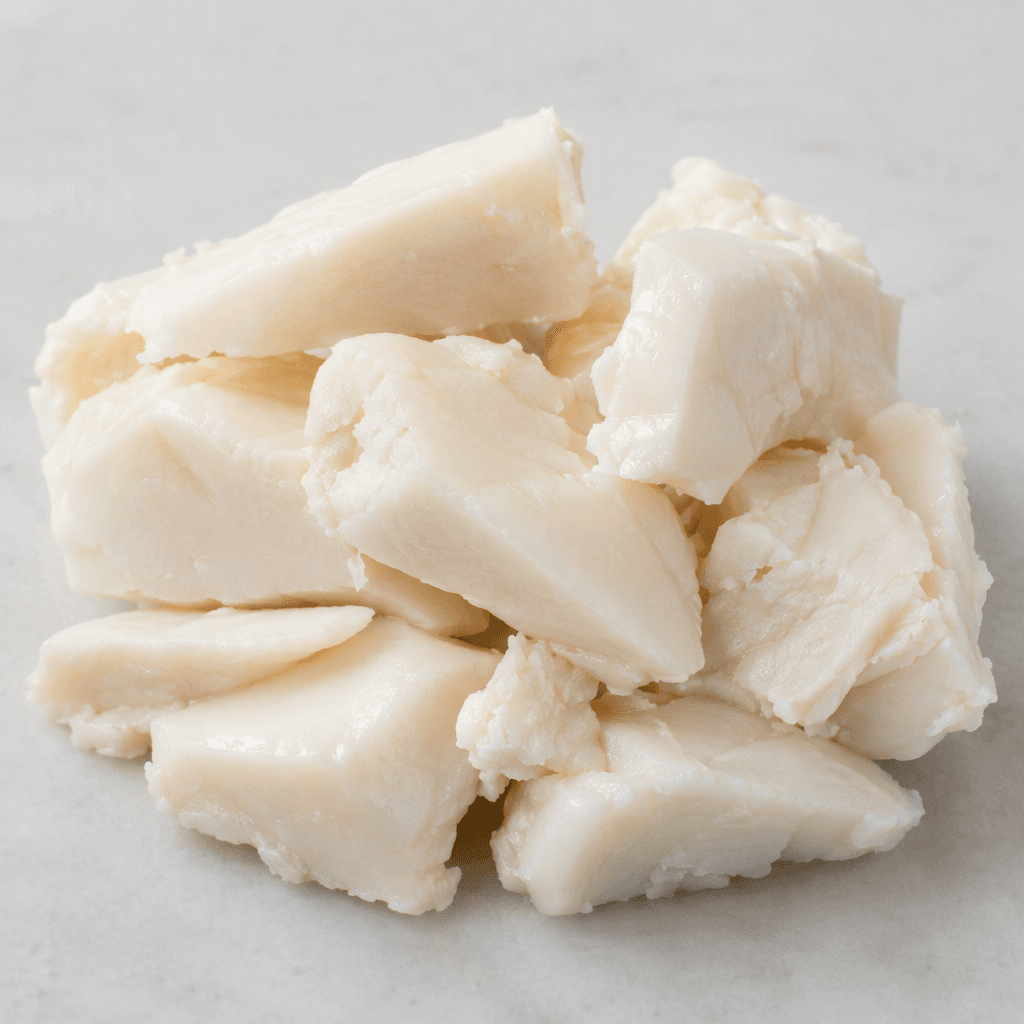 Irregular pieces of solid beef fat with a smooth, waxy surface and a creamy white to pale ivory colour, arranged on a plain surface.