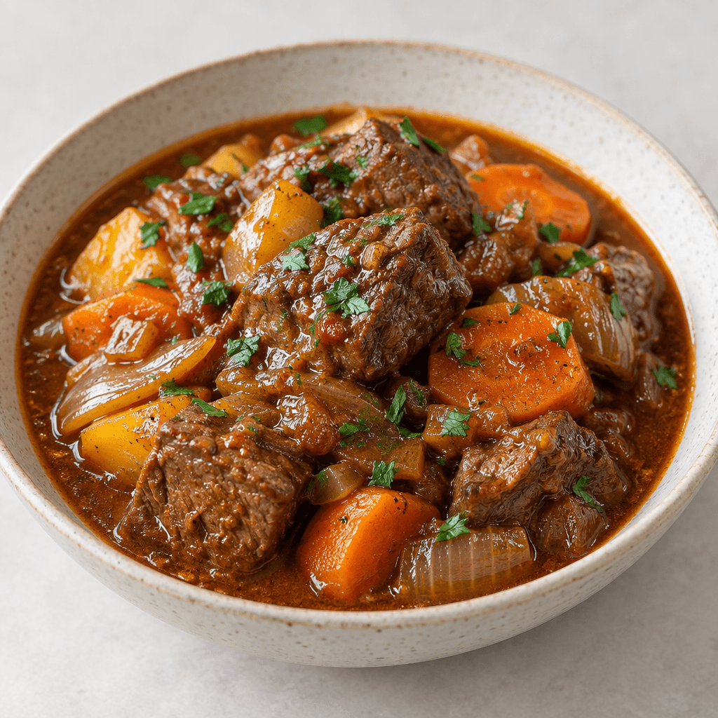Chunks of browned meat and tender vegetables sit in a shallow bowl, covered in a thick glossy brown-red sauce with visible onion pieces, carrot slices and green herbs.