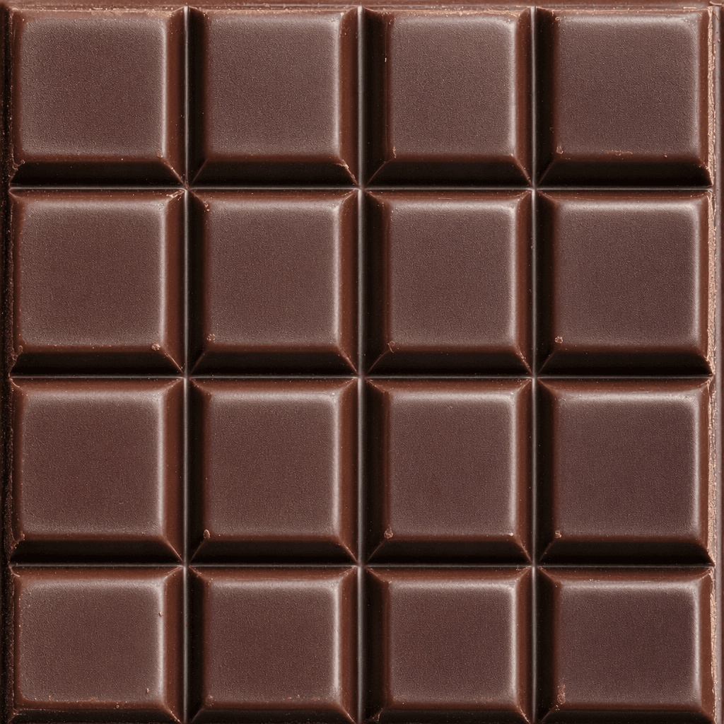 A dark brown chocolate bar with a smooth, faintly glossy surface and evenly divided rectangular pieces.