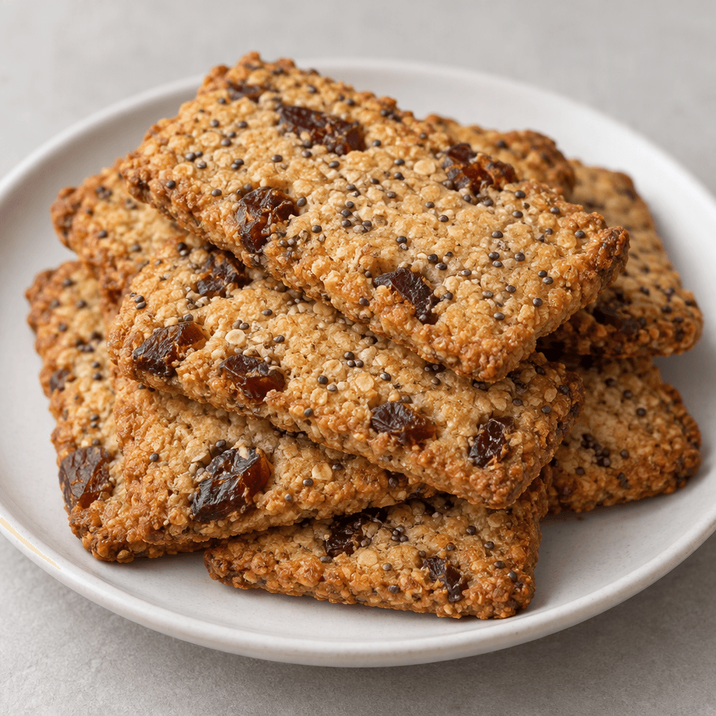 Flat, golden-brown rectangular biscuits with slightly uneven edges, a coarse surface dotted with tiny chia seeds and dark date pieces, stacked on a plain plate.