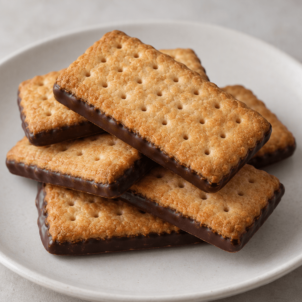 Thin, rectangular golden-brown biscuits with a lightly textured, perforated surface and a dark chocolate coating along one side are stacked on a plain plate.