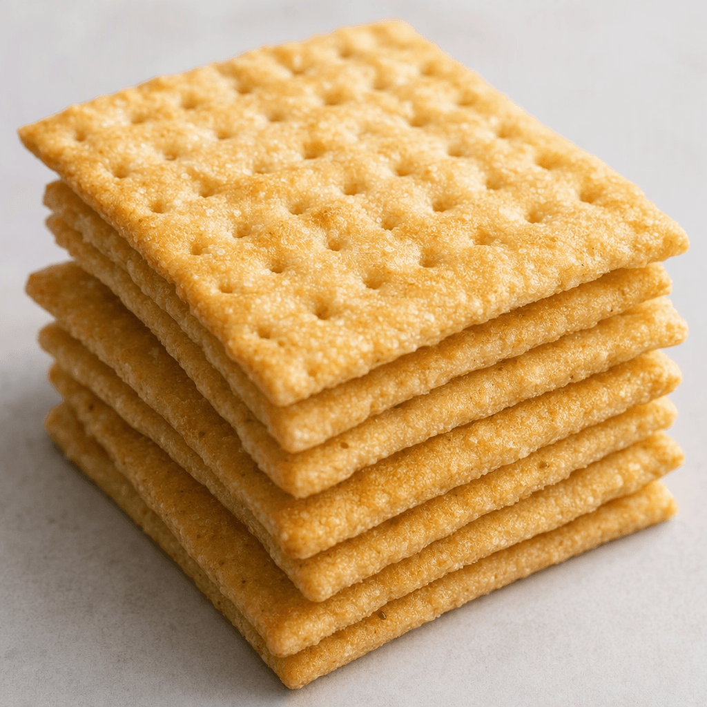 Thin, crisp, light golden-brown rectangular crackers with evenly spaced pinholes and a lightly rough, grainy surface, stacked in a small pile.
