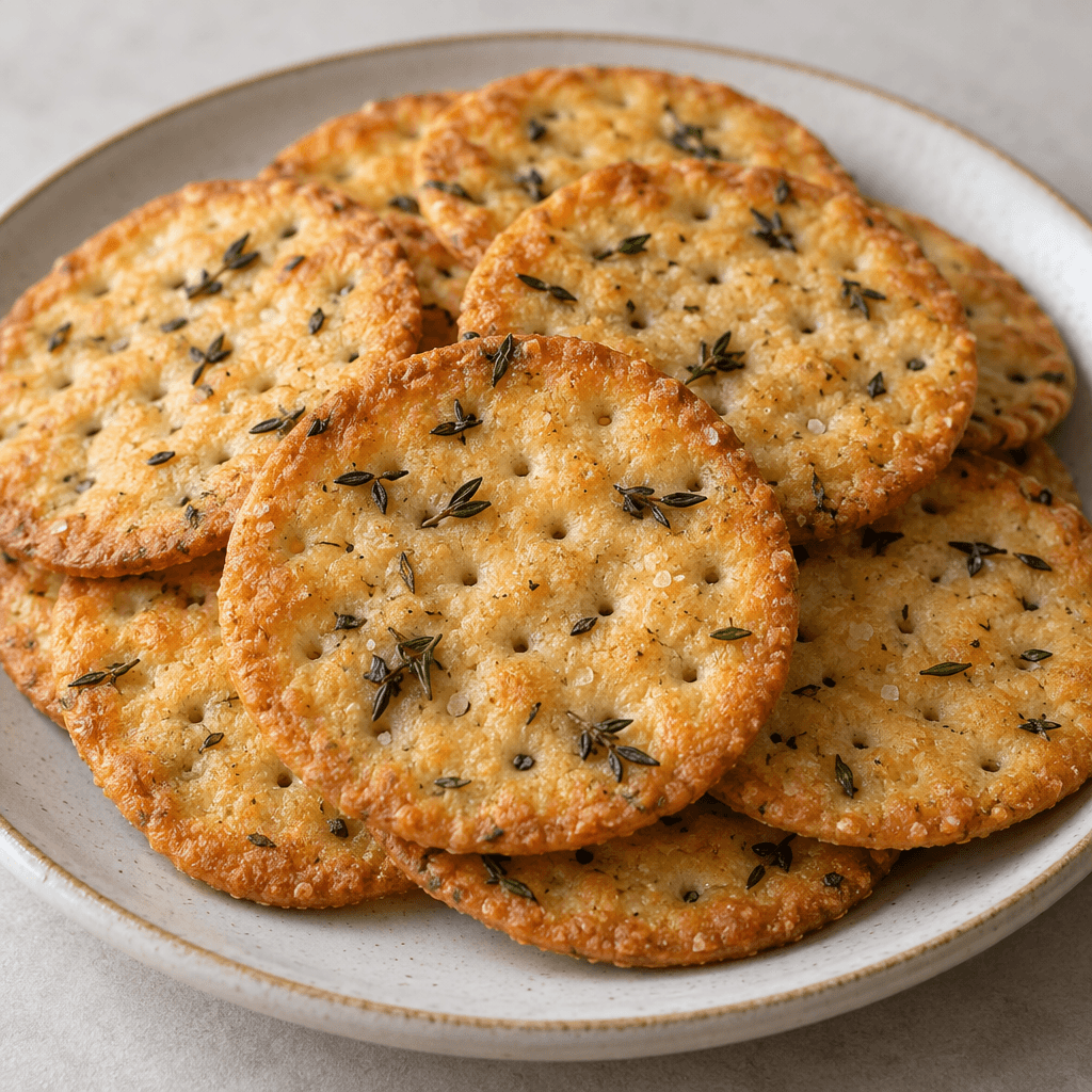 Thin, flat, golden-orange crackers with scattered dark green thyme flecks and small perforations are arranged on a plate.