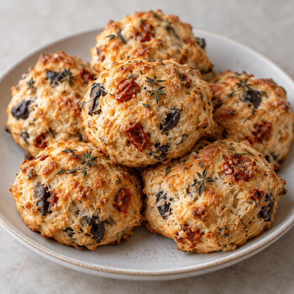 Small, golden-brown savory biscuits with reddish tomato flecks, dark olive pieces and green thyme specks are arranged on a plate, their surfaces lightly browned and crumbly.