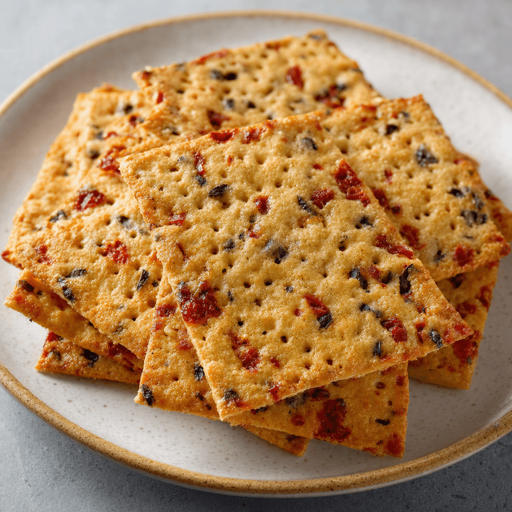 Thin, crisp, golden-brown rectangular crackers with a lightly rough, perforated surface and scattered reddish tomato and dark olive pieces, stacked loosely on a plate.