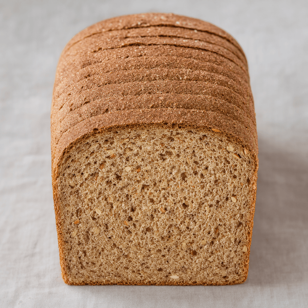 A compact, evenly sliced brown loaf with a matte, slightly rough crust and a dense tan crumb speckled with visible grains.