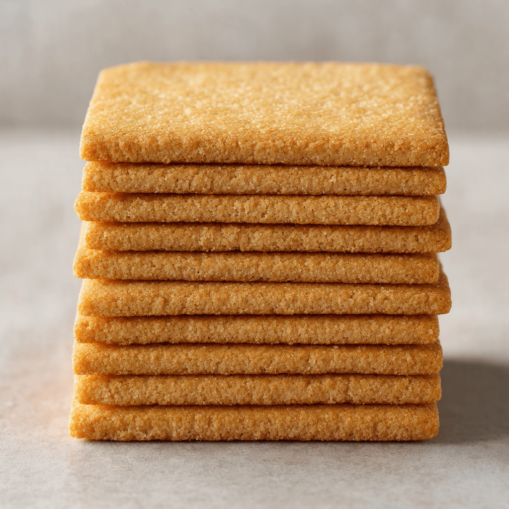 Small, flat, golden-brown rectangular biscuits with a lightly pebbled surface and crisp, crumbly-looking edges, arranged in a neat stack.