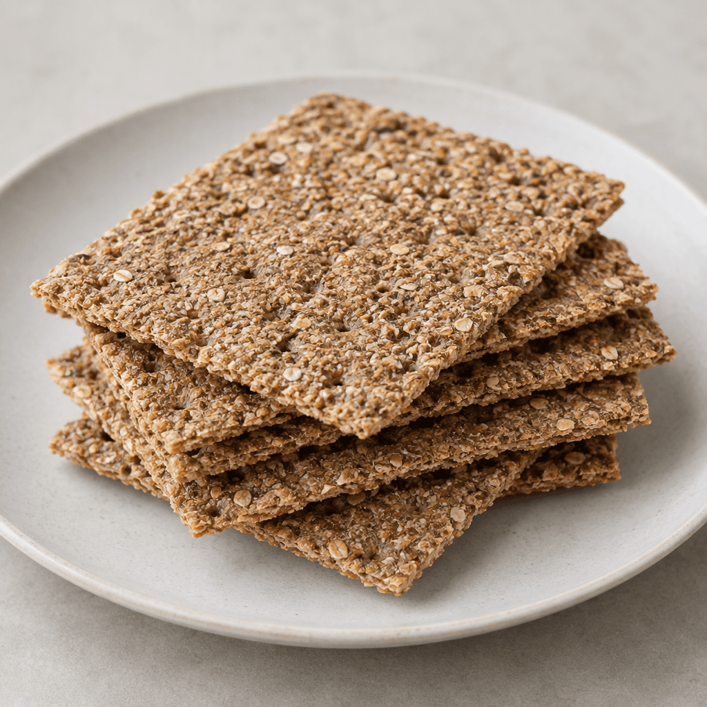 Thin, flat, roughly rectangular whole-wheat crispbreads with a dry, coarse brown surface, visible grain flecks, and small holes are stacked slightly askew on a plate.