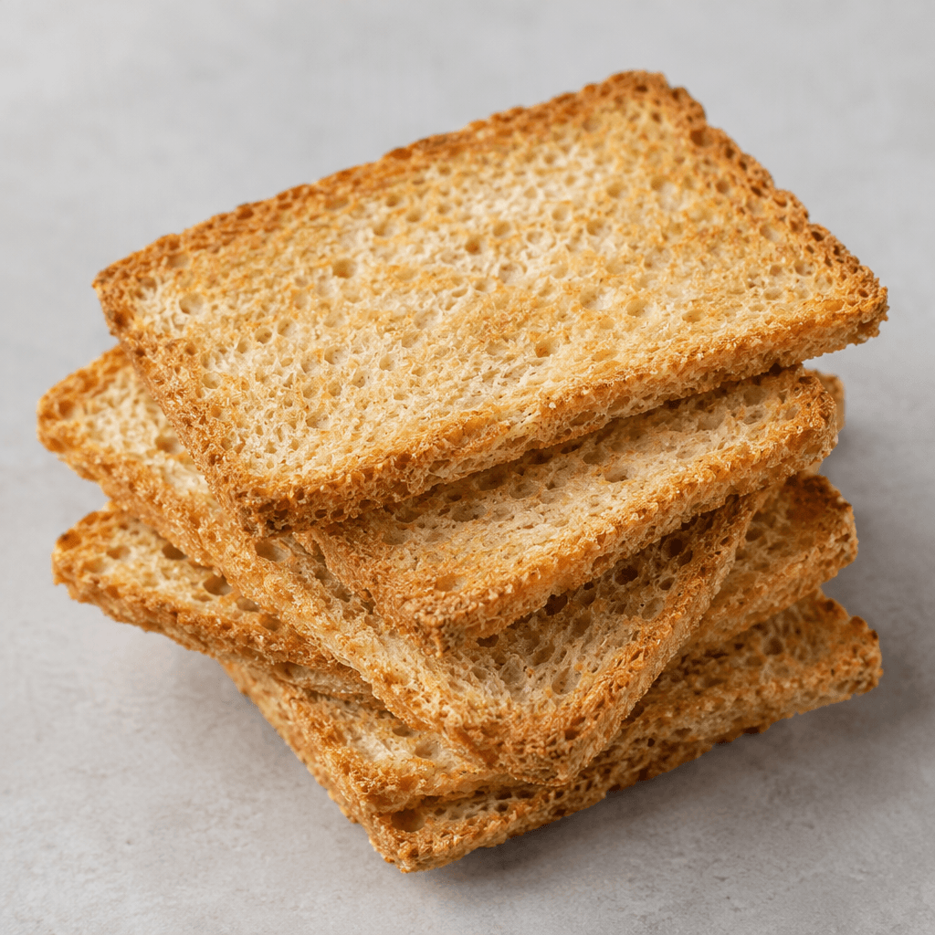 Thin, rectangular slices of dry toasted bread with a pale golden-brown surface, crisp porous edges, and a light, airy crumb, arranged in a small overlapping stack.