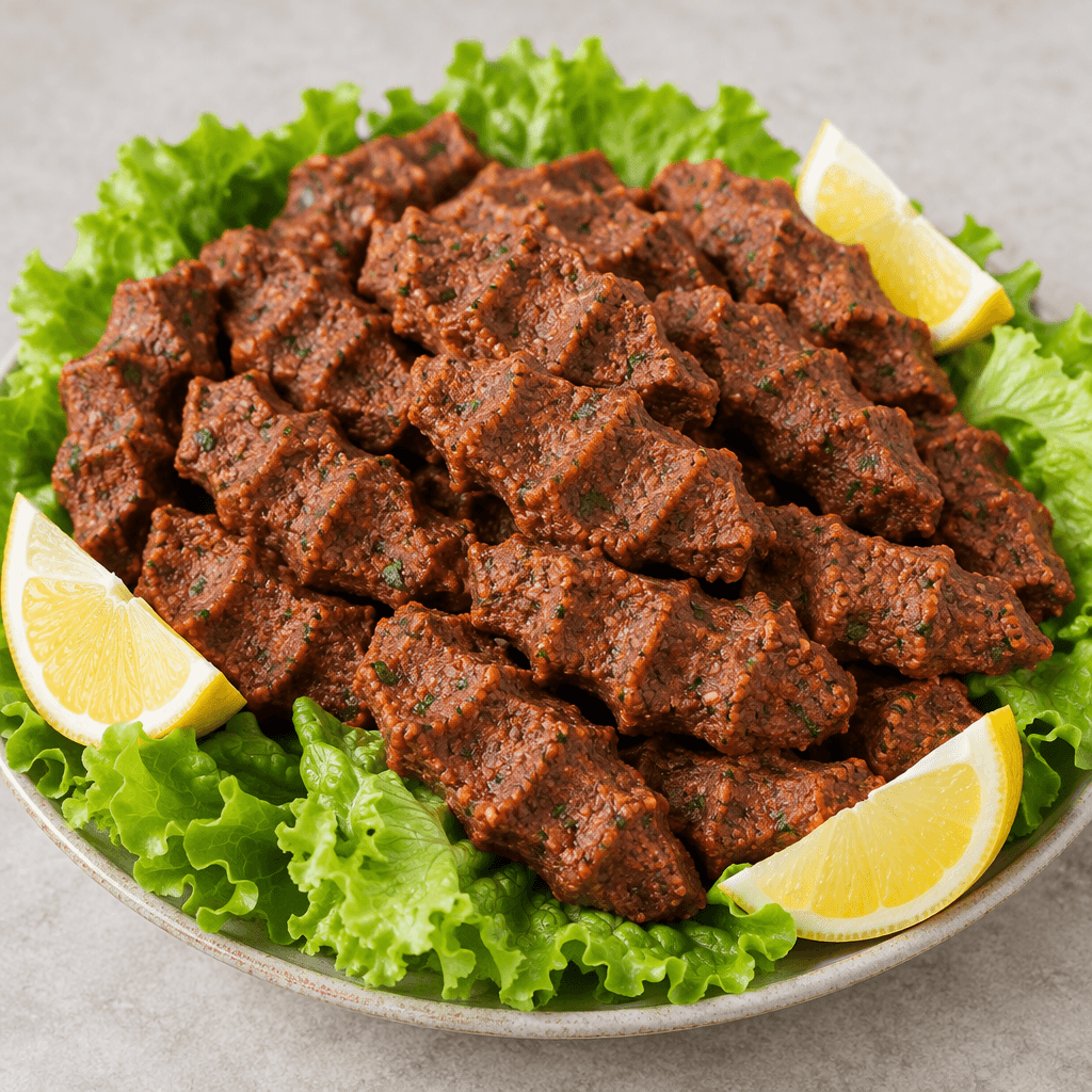 İnce bulgur, kıyma, biber ve domates salçası ile baharatların yoğrulmasıyla hazırlanan, elde sıkılarak izli ve parmak biçimli porsiyonlara dönüştürülmüş koyu kırmızı-kahverengi çiğ köfteler, yeşil marul yaprakları üzerinde ve yanında limon dilimleriyle servis edilir.