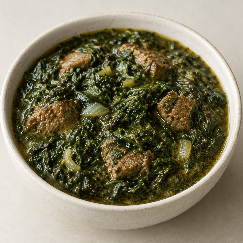 A bowl of thick, dark green spinach stew with visible browned chunks of meat nestled among the wilted leaves, served with a glossy, brothy surface and a few pale onion pieces.
