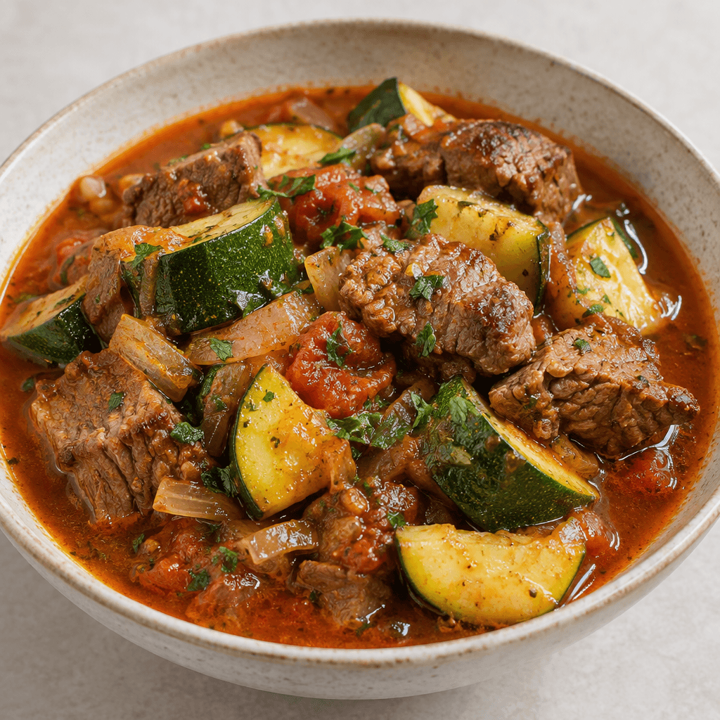 Tender green zucchini chunks and browned pieces of meat sit in a shallow bowl, coated in a glossy reddish tomato broth with visible onion and herbs.